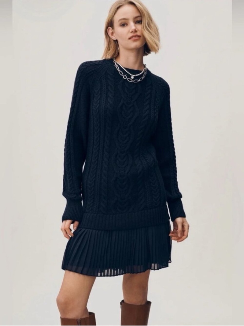 By Anthropologie Twofer Cable Knit Jumper Mini Dress- Navy